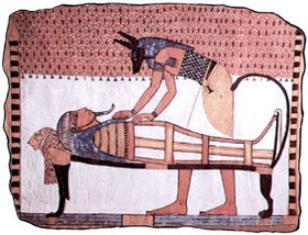 Gipsplatte Anubis und Mumie